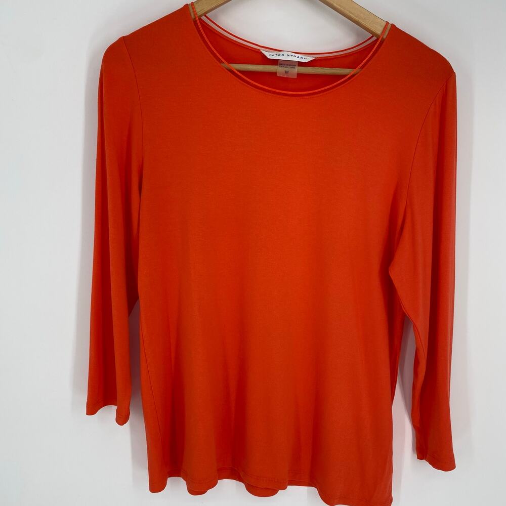 Peter Nygard Top Women’s Medium Orange Quiet‎ Luxury Classic Sheer Trim